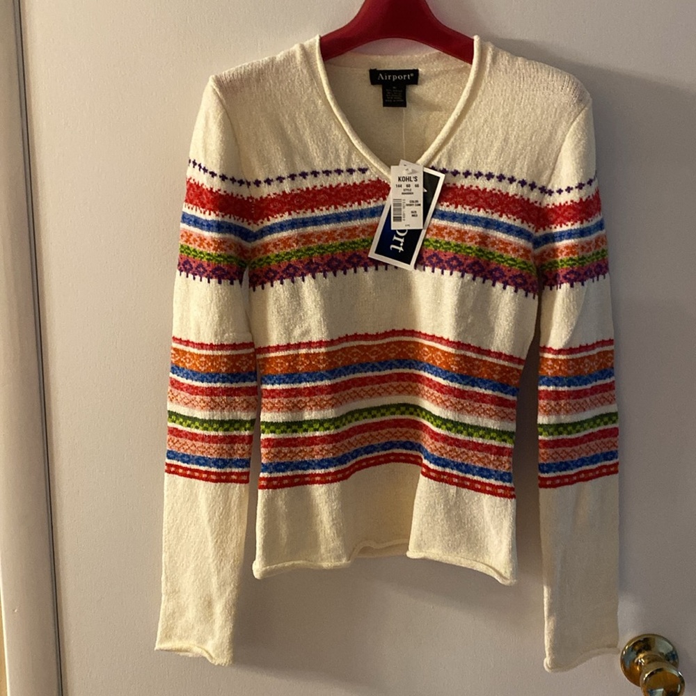Airport multicolor knitted long sleeve V neck sweater size medium